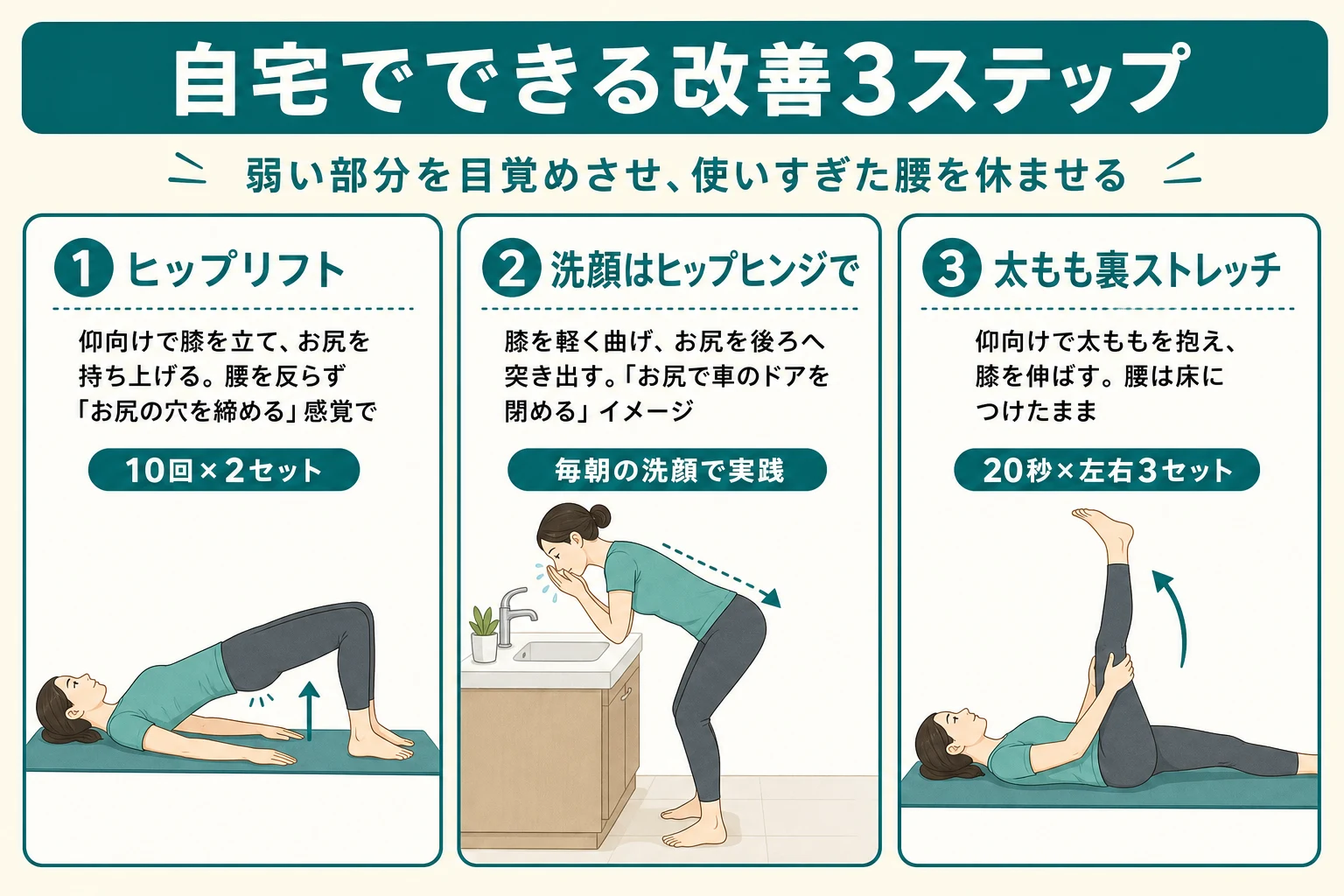 洗顔腰痛の改善3ステップ:ヒップリフト、洗顔時のヒップヒンジ、太もも裏ストレッチ