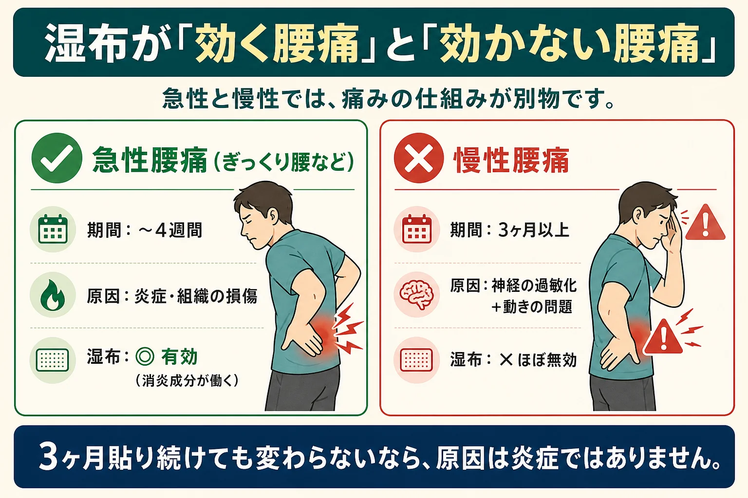 湿布が効く急性腰痛(〜4週間・炎症が原因)と効かない慢性腰痛(3ヶ月以上・神経の過敏化+動きの問題)の比較図解